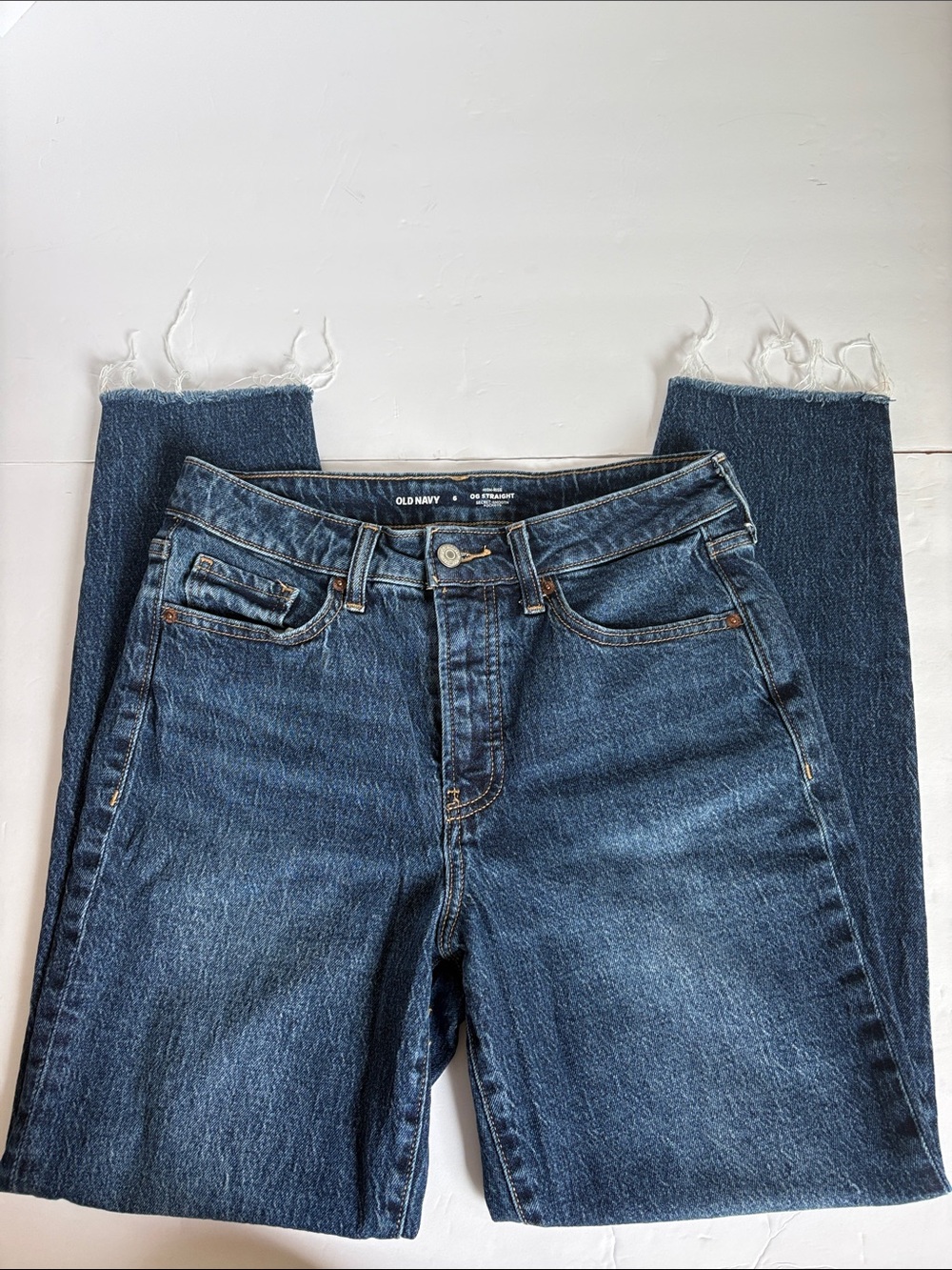 Old Navy Women's Button Fly Raw-Hem High-Rise O.G. Straight dark wash jeans